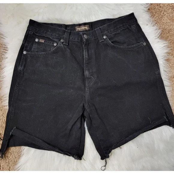 REVERB Cutoff Jean Shorts Black Denim Distressed Raw Hem Hi Rise Mens Sz 32 - Picture 2 of 5